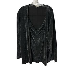 Notations Glitter Sparkly Black Drape Neck Long Sleeve Shirt